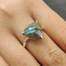 Natural Labradorite Trillion Silver Prong Ring